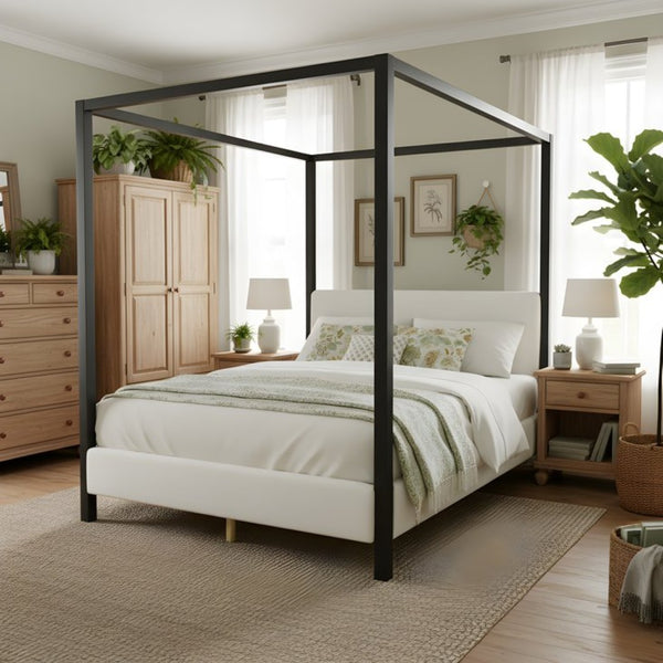English Elm Modern Four Poster Canopy Bed Iron Frame Bouclé Headboard Architectural Bedroom Anchor N769Q439680A