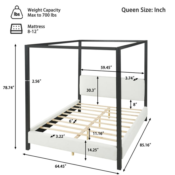 English Elm Modern Four Poster Canopy Bed Iron Frame Bouclé Headboard Architectural Bedroom Anchor N769Q439680A