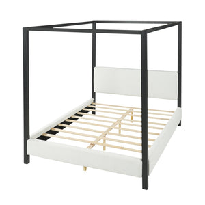 English Elm Modern Four Poster Canopy Bed Iron Frame Bouclé Headboard Architectural Bedroom Anchor N769Q439680A