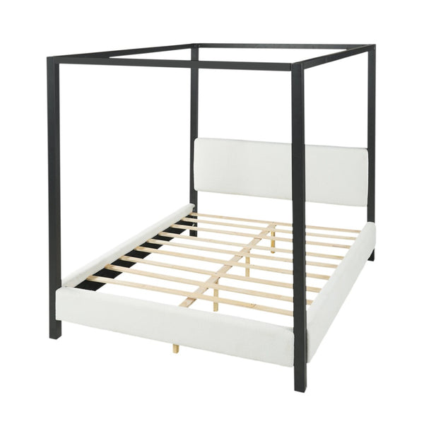 English Elm Modern Four Poster Canopy Bed Iron Frame Bouclé Headboard Architectural Bedroom Anchor N769Q439680A