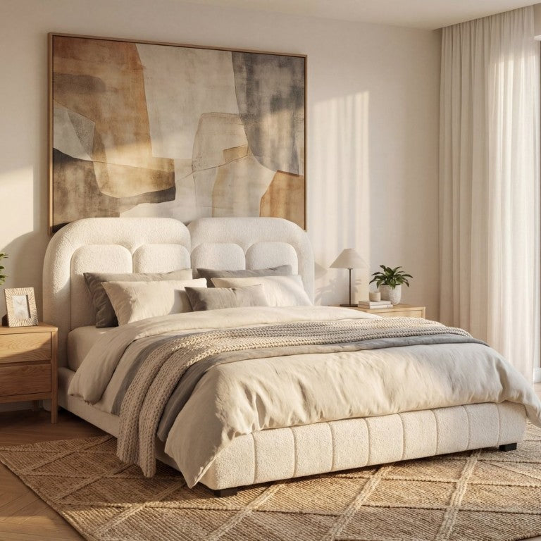 English Elm Queen Boucle Platform Bed Tufted Layered Headboard Solid Wood Slat Frame 800Lb N769Q443255W
