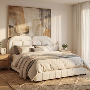 English Elm Queen Boucle Platform Bed Tufted Layered Headboard Solid Wood Slat Frame 800Lb N769Q443255W