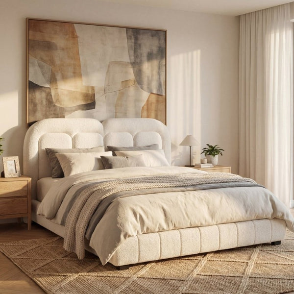 English Elm Queen Boucle Platform Bed Tufted Layered Headboard Solid Wood Slat Frame 800Lb N769Q443255W