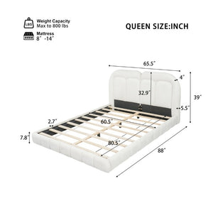 English Elm Queen Boucle Platform Bed Tufted Layered Headboard Solid Wood Slat Frame 800Lb N769Q443255W