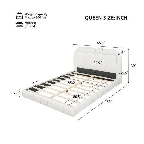 English Elm Queen Boucle Platform Bed Tufted Layered Headboard Solid Wood Slat Frame 800Lb N769Q443255W