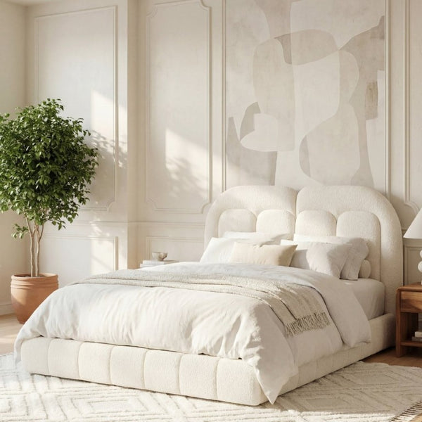 English Elm Queen Boucle Platform Bed Tufted Layered Headboard Solid Wood Slat Frame 800Lb N769Q443255W