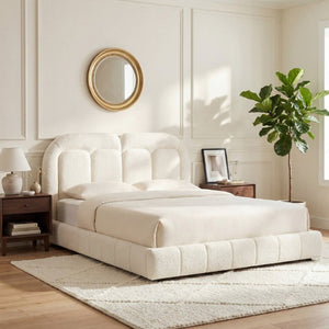 English Elm Queen Boucle Platform Bed Tufted Layered Headboard Solid Wood Slat Frame 800Lb N769Q443255W