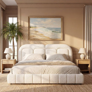 English Elm Queen Boucle Platform Bed Tufted Layered Headboard Solid Wood Slat Frame 800Lb N769Q443255W