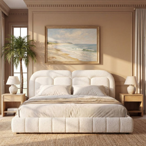 English Elm Queen Boucle Platform Bed Tufted Layered Headboard Solid Wood Slat Frame 800Lb N769Q443255W