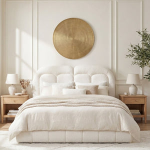 English Elm Queen Boucle Platform Bed Tufted Layered Headboard Solid Wood Slat Frame 800Lb N769Q443255W