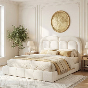 English Elm Queen Boucle Platform Bed Tufted Layered Headboard Solid Wood Slat Frame 800Lb N769Q443255W