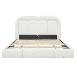 English Elm Queen Boucle Platform Bed Tufted Layered Headboard Solid Wood Slat Frame 800Lb N769Q443255W
