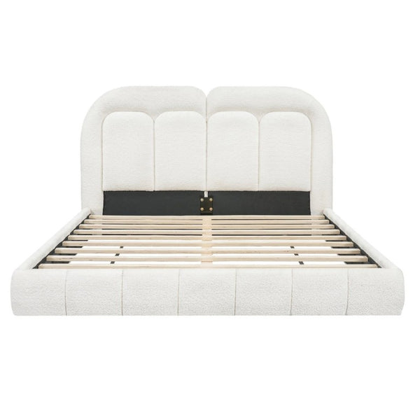 English Elm Queen Boucle Platform Bed Tufted Layered Headboard Solid Wood Slat Frame 800Lb N769Q443255W