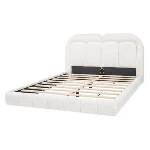 English Elm Queen Boucle Platform Bed Tufted Layered Headboard Solid Wood Slat Frame 800Lb N769Q443255W