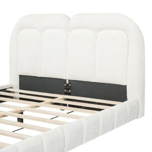 English Elm Queen Boucle Platform Bed Tufted Layered Headboard Solid Wood Slat Frame 800Lb N769Q443255W