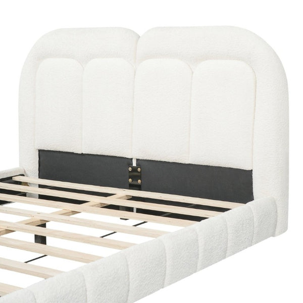 English Elm Queen Boucle Platform Bed Tufted Layered Headboard Solid Wood Slat Frame 800Lb N769Q443255W