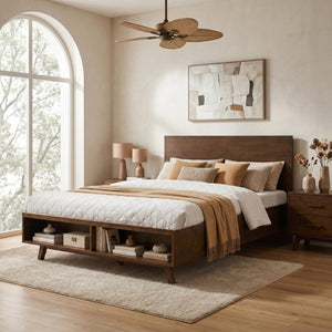 English Elm Walnut Queen Platform Bed Rubberwood Frame Footboard Storage Mid-Century Modern N769Q458324D