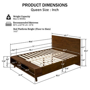 English Elm Walnut Queen Platform Bed Rubberwood Frame Footboard Storage Mid-Century Modern N769Q458324D