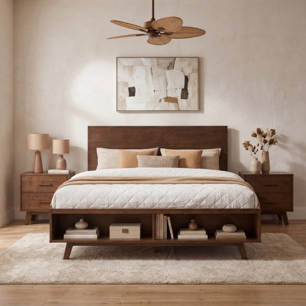English Elm Walnut Queen Platform Bed Rubberwood Frame Footboard Storage Mid-Century Modern N769Q458324D