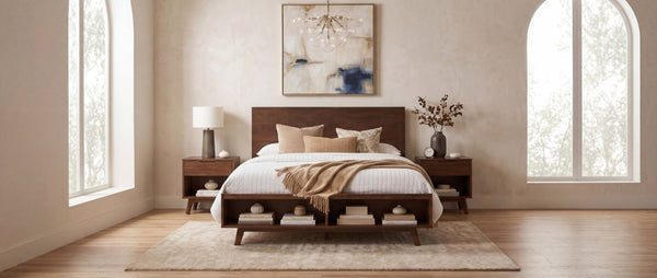 English Elm Walnut Queen Platform Bed Rubberwood Frame Footboard Storage Mid-Century Modern N769Q458324D
