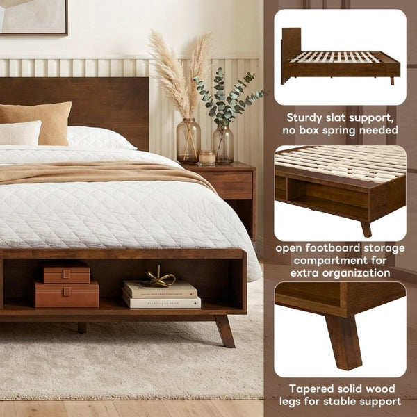 English Elm Walnut Queen Platform Bed Rubberwood Frame Footboard Storage Mid-Century Modern N769Q458324D
