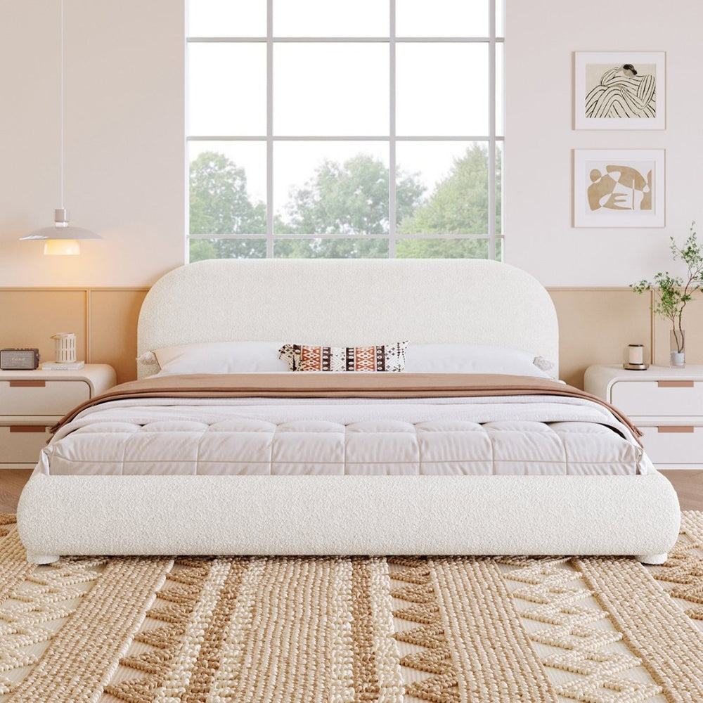 English Elm Cream Boucle Upholstered Queen Bed Curved Headboard for Modern Scandinavian Bedroom N769Q462353W