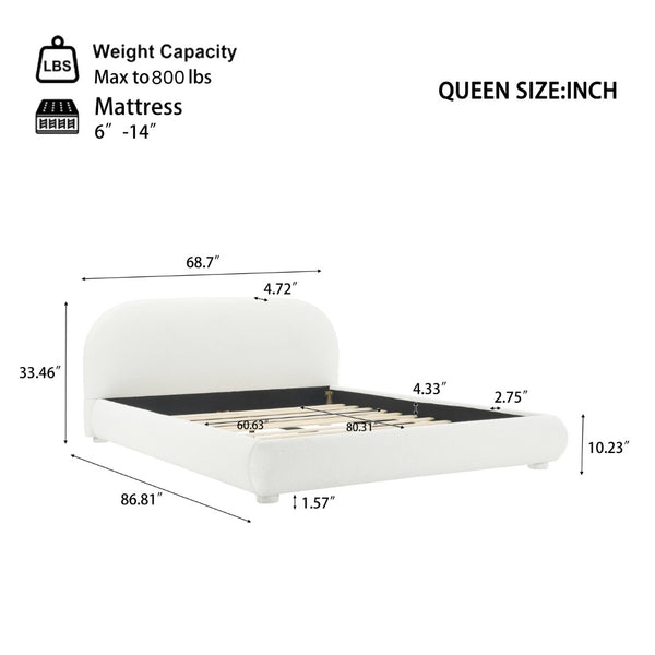 English Elm Cream Boucle Upholstered Queen Bed Curved Headboard for Modern Scandinavian Bedroom N769Q462353W