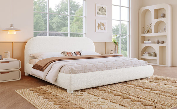 English Elm Cream Boucle Upholstered Queen Bed Curved Headboard for Modern Scandinavian Bedroom N769Q462353W