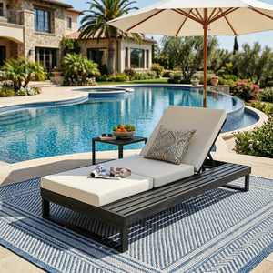 English Elm Black Acacia Hardwood Outdoor Chaise Lounge with Adjustable Backrest and Cushion N770P208317C_N770P407072B