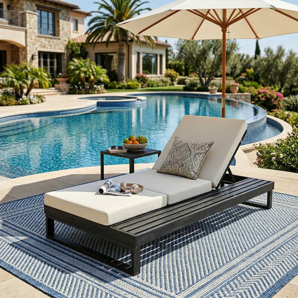 English Elm Black Acacia Hardwood Outdoor Chaise Lounge with Adjustable Backrest and Cushion N770P208317C_N770P407072B