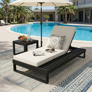 English Elm Black Acacia Hardwood Outdoor Chaise Lounge with Adjustable Backrest and Cushion N770P208317C_N770P407072B