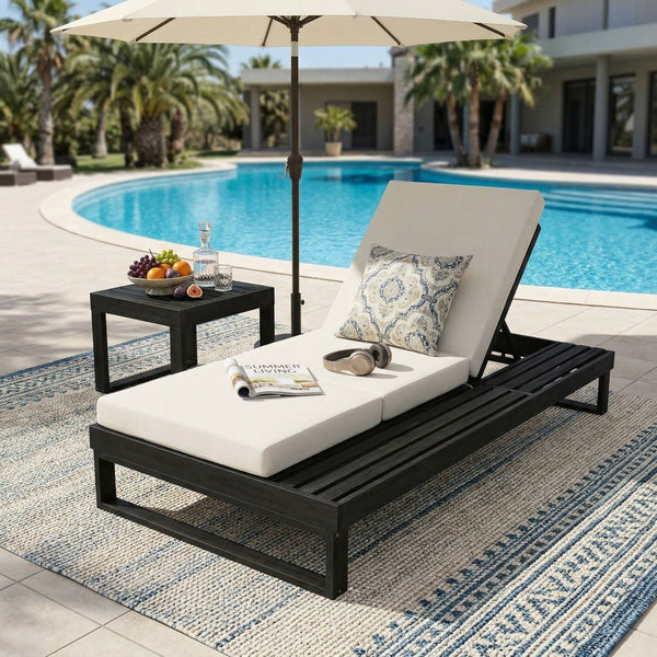 English Elm Black Acacia Hardwood Outdoor Chaise Lounge with Adjustable Backrest and Cushion N770P208317C_N770P407072B
