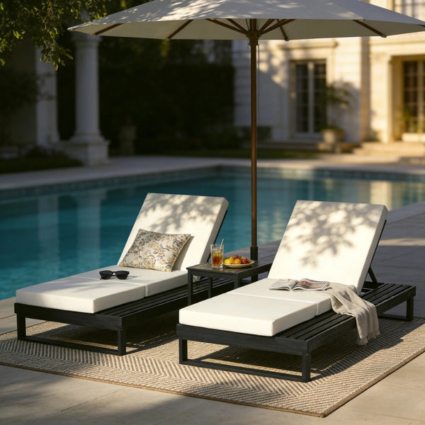 English Elm Black Acacia Hardwood Outdoor Chaise Lounge with Adjustable Backrest and Cushion N770P208317C_N770P407072B