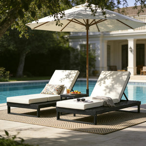 English Elm Black Acacia Hardwood Outdoor Chaise Lounge with Adjustable Backrest and Cushion N770P208317C_N770P407072B