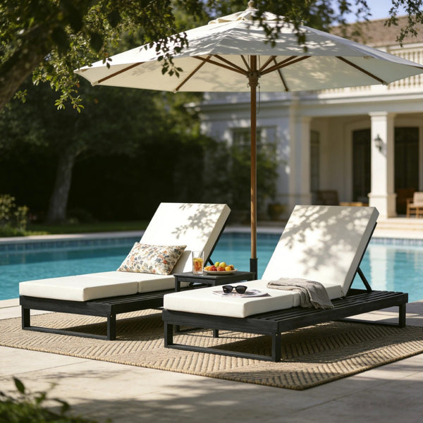 English Elm Black Acacia Hardwood Outdoor Chaise Lounge with Adjustable Backrest and Cushion N770P208317C_N770P407072B