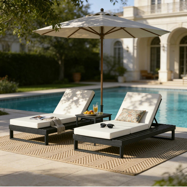English Elm Black Acacia Hardwood Outdoor Chaise Lounge with Adjustable Backrest and Cushion N770P208317C_N770P407072B