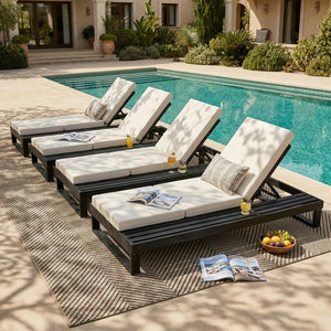 English Elm Black Acacia Hardwood Outdoor Chaise Lounge with Adjustable Backrest and Cushion N770P208317C_N770P407072B