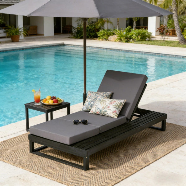 English Elm Black Acacia Hardwood Outdoor Chaise Lounge with Cushion and Built-In Side Tray N770P208326G_N770P407072B