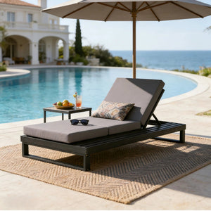 English Elm Black Acacia Hardwood Outdoor Chaise Lounge with Cushion and Built-In Side Tray N770P208326G_N770P407072B