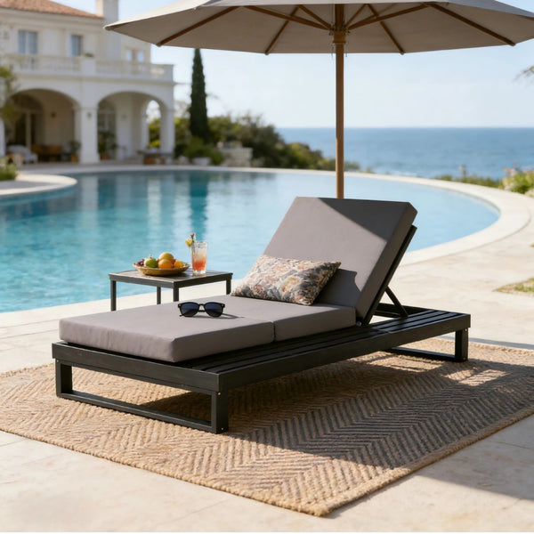 English Elm Black Acacia Hardwood Outdoor Chaise Lounge with Cushion and Built-In Side Tray N770P208326G_N770P407072B