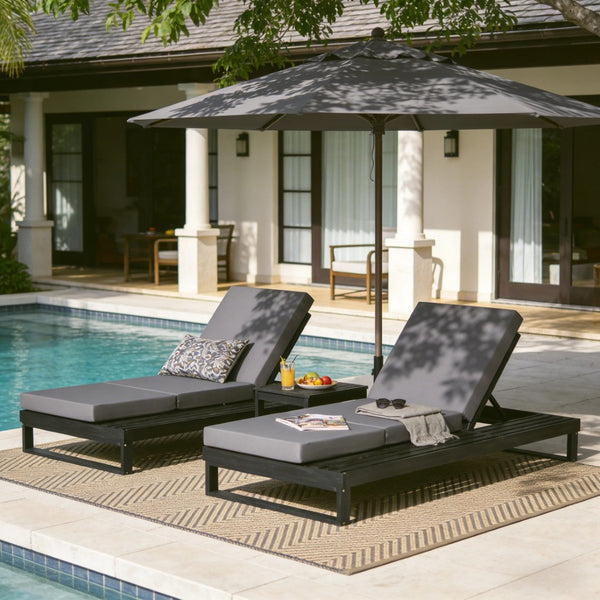 English Elm Black Acacia Hardwood Outdoor Chaise Lounge with Cushion and Built-In Side Tray N770P208326G_N770P407072B