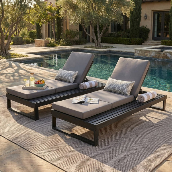 English Elm Black Acacia Hardwood Outdoor Chaise Lounge with Cushion and Built-In Side Tray N770P208326G_N770P407072B