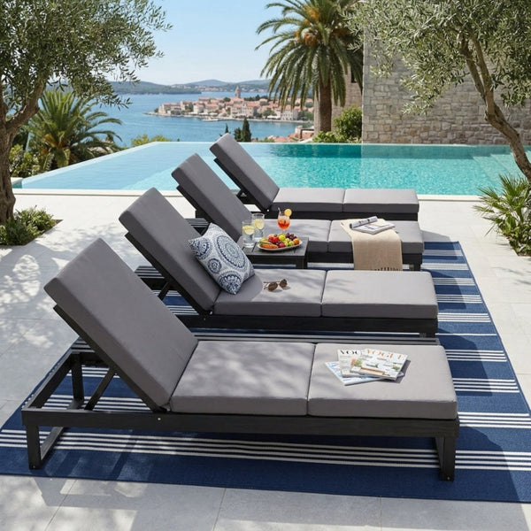 English Elm Black Acacia Hardwood Outdoor Chaise Lounge with Cushion and Built-In Side Tray N770P208326G_N770P407072B