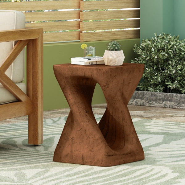 English Elm Mgo Spiral Twist Accent Table Sculptural Wood Grain Finish for Indoor Outdoor Use Antique Brown N770P212233A