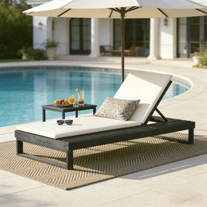 English Elm Black Acacia Hardwood Outdoor Chaise Lounge with Integrated Side Ledge and Cushion Cream N770P253018C_N770P407072B