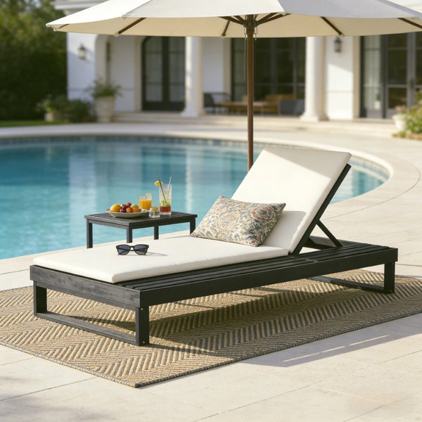 English Elm Black Acacia Hardwood Outdoor Chaise Lounge with Integrated Side Ledge and Cushion Cream N770P253018C_N770P407072B