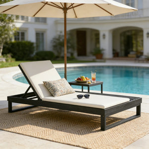 English Elm Black Acacia Hardwood Outdoor Chaise Lounge with Integrated Side Ledge and Cushion Cream N770P253018C_N770P407072B