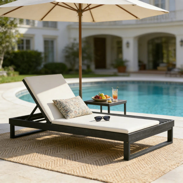 English Elm Black Acacia Hardwood Outdoor Chaise Lounge with Integrated Side Ledge and Cushion Cream N770P253018C_N770P407072B