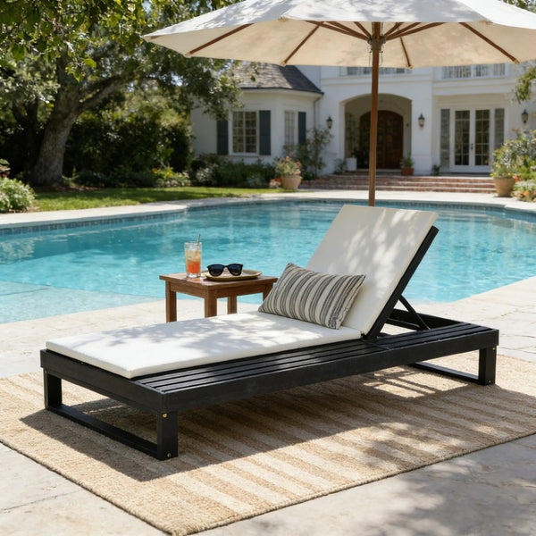 English Elm Black Acacia Hardwood Outdoor Chaise Lounge with Integrated Side Ledge and Cushion Cream N770P253018C_N770P407072B