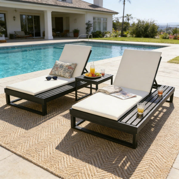 English Elm Black Acacia Hardwood Outdoor Chaise Lounge with Integrated Side Ledge and Cushion Cream N770P253018C_N770P407072B